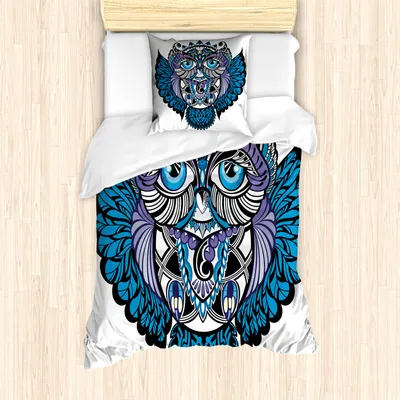 Produktbild von ABAKUHAUS Stammes Mantele, Eulen-Vogel-Tier Tattoo, Milbensicher Allergiker geeignet mit Kissenbezügen, 135 cm x 200 cm - 80 x 80 cm, Marine-Blau und Lila