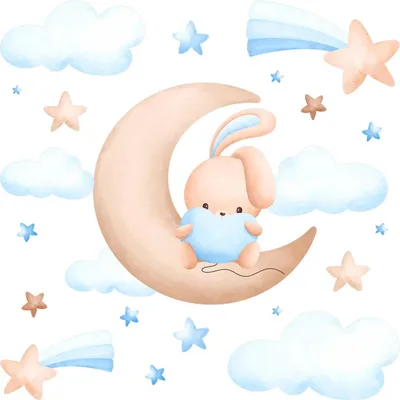 Produktbild von Wandaufkleber Kinderzimmer – Wandsticker für Baby & Kinder – Selbstklebende Wanddekoration – Abnehmbar ohne Rückstände – Deko für Mädchen & Jungen - Mondhase, eingehüllt in pastellfarbene Wolken60x99 cm