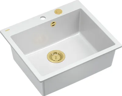Produktbild von QUADRON Spülbecken 1-Becken Spüle | Größe: 57 x 50 x 22 cm | MORGAN 110 | Unterbauspüle Granitspüle aus GraniteQ mit Siphon | Weiß & Golden