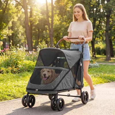 Produktbild von Hundewagen Faltbar Hundebuggy für große Hunde bis 30 kg mit 360°Drehrädern Netzfenster Kissen Verstellbarer Griff Grau