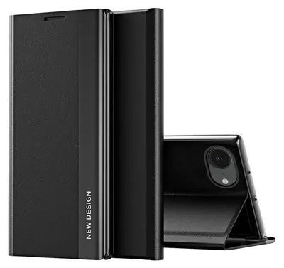 A black flip case for a smartphone is shown, with the phone partially inserted.