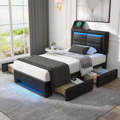 Image de MODFU Lit simple 90x190 cm avec Éclairage LED et 4 Tiroirs - Lit CapitonnéPolyuréthane1 Place avec Rangement et Ports USB - Noir