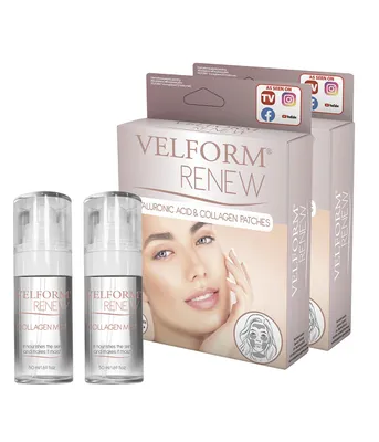 A product shot of Velform Renew Hyaluronic Acid & Collagen Patches and two bottles of Collagen Moisturizer.