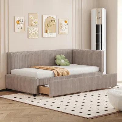 Productafbeelding van Slaapbank - 90 x 200 cm, grijs, fluweel en MDF, met lades, inclusief lattenbodem, exclusief matras