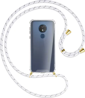 Produktbild von Handykette Backcover-Schutzhülle mit Band (Metall goldfarben) für Motorola Moto G7 Power - weiß/grau