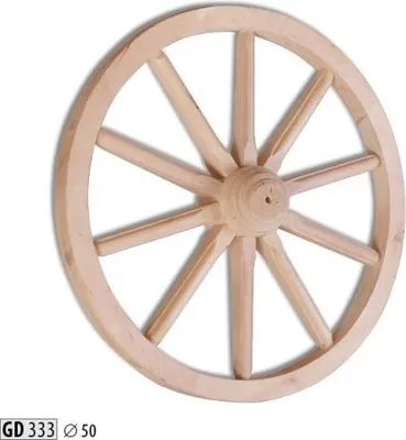 Image de Roue en bois décorative, diamètre 50 cm. Roue à 10 rayons, idéale pour la décoration de jardin, de théâtre ou d'événements