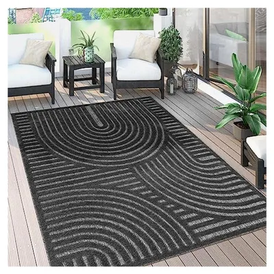 Produktbild von Wetterfester und langlebiger Outdoor-Teppich im modernen Boho-Design mit 3D-Effekt im Skandi-Look, UV-beständig und robust für Balkon, Garten, Wohnzimmer und Küche, Größe: 120x160 cm, Farbe: Anthrazit