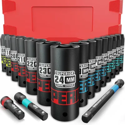 Immagine prodotto di Set di chiavi a bussola da 1/2 pollice, da 10 a 24 mm, con custodia e 3 prolunghe, per la riparazione di automobili