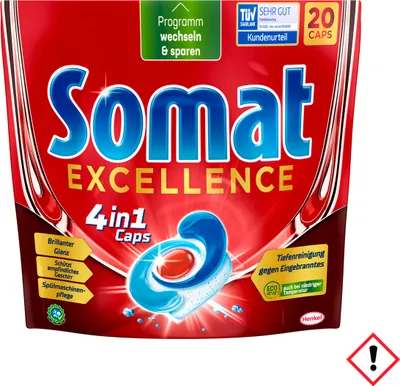 Zdjęcie produktu dla Somat Caps Excellence 4w1 głębokie czyszczenie przeciw przypalonym pozostałościom 20 kaps 346g