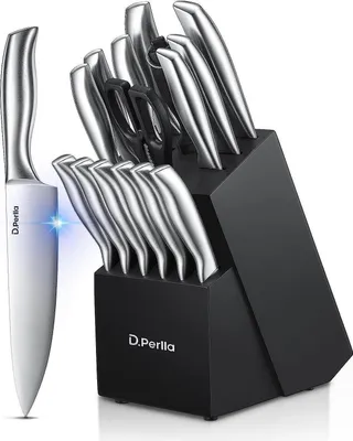 Zdjęcie produktu dla Blok na noże Premium z drewnianą rękojeścią Profesjonalny zestaw noży 16-TLG Bardzo ostry Ergonomiczny zestaw noży Zestaw noży szefa kuchni ze stali nierdzewnej z drewnianym blokiem Czarny
