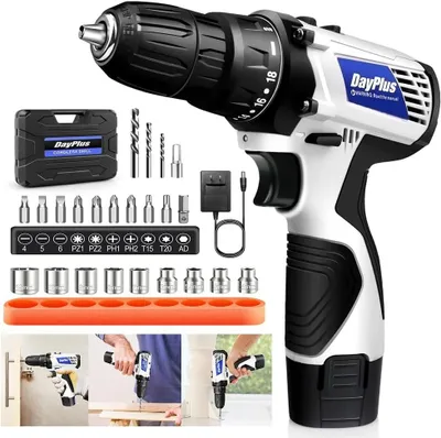 Image de Perceuse-visseuse sans fil - 16,8 V - 25+1 réglages de couple - 2 vitesses - 1 batterie avec chargeur - 23 accessoires - Pour le bois et les murs