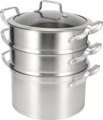 Produktbild von Edelstahl 3-Etagen-Dampfgarer mit Glasdeckel Kochgeschirr-Dampftopf-Set Küchenutensilien