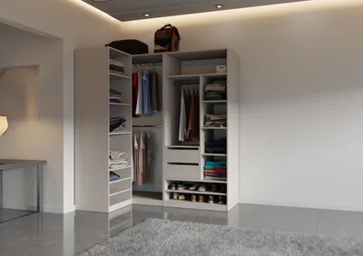 Produktbild von Eck-Kleiderschrank 190 x 101 cm TRES F ohne Türen – offenes Schranksystem mit Schubladen, Regalen & Kleiderstangen CASHMERE