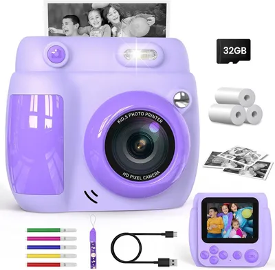 Zdjęcie produktu dla Aparat fotograficzny dla dzieci z natychmiastowym wydrukiem, rozdzielczość 1080p HD, ekran 2,4", drukowanie zdjęć, karta 32 GB, 3 rolki papieru do drukowania, kredki, prezent dla dzieci w wieku 3–12 lat