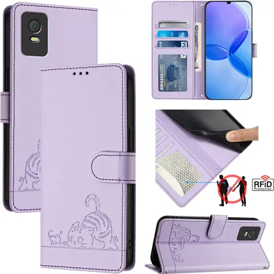 Produktbild von Leder Hülle für TCL 403 Süße Katze Flip Case Brieftasche Schutzhülle mit Standfunktion Lila