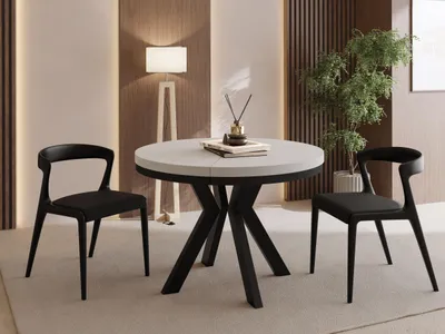 Produktbild von Runder Esstisch Ausziehbar 80-130 cm – Verlängerbar, für 4-6 Personen mit Schwarzen Holzbeinen & Metallring – Tisch für Wohnzimmer & Esszimmer in Kaschmir