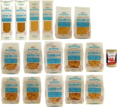 Produktbild von Rummo Pasta Nudeln Glutenfreie Testpaket, Bronze Gezeichnete gluteinfrei, perfekt für Menschen mit Zöliakie oder Glutenunverträglichkeit, 16x 400 g + Italian Gourmet polpa 400g