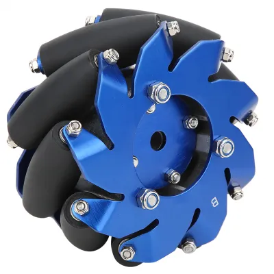Imagen del producto de Rueda Mecanum de 4 pulgadas, fabricada en aluminio con rodillos de goma TPU, accesorio para robots industriales