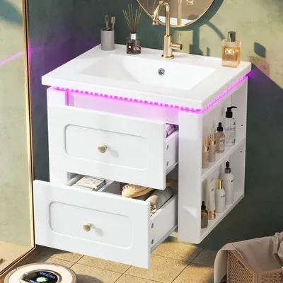 Image de Meuble sous-vasque Merax, 61 cm, hauteur réglable, meuble vasque suspendu avec vasque en céramique, armoire de salle de bain, éclairage LED, 2 tiroirs, étagère de rangement, blanc
