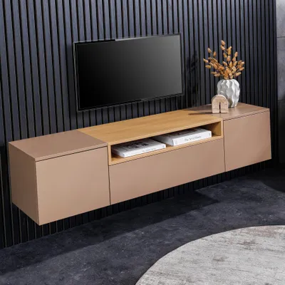 Produktbild von riess-ambiente Hängendes TV-Board LOFT 160cm grau beige greige natur Eichenholz-Optik drei Fächer mit Schublade