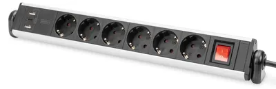 Produktbild von Digitus 6-fach Office-Steckdosenleiste mit 3x USB-Anschlüssen, 1,5 m, Drinnen, Typ F, Aluminium, Schwarz, Silber, China