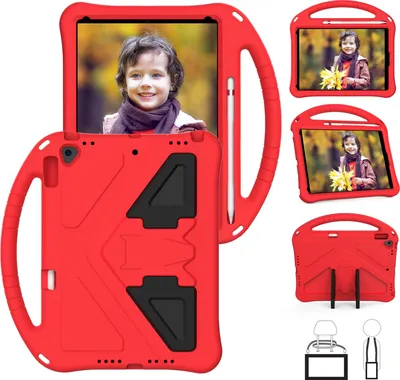 Produktbild von Kinder Hülle für iPad 10.2 2021/2020/2019, iPad 9th/8th/7th Gen, Eva Leichte Stoßfeste Faltbarem Ständer, Kids Griff Schutzhülle Rot