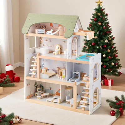 Produktbild von GOPLUS modernes Puppenhaus, 4-stöckige Puppenvilla mit 33 realistischem Zubehör & Möbel, 6 Zimmer, 80 cm hohes Spielzeughaus für Kinder ab 3 Jahren