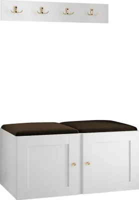 Produktbild von MIRJAN24 Garderoben-Set Orion Ramiro VI, Schuhschrank, Kleiderhakenbrett, 2x Sitzpaneel 42x42, Metallgriffe, 4 Kleiderhaken (Farbe: Weiß, Manila 04)