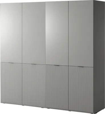 Produktbild von Drehtürenschrank mit Schubladen Falttürenschrank 4-türig Schrank mit Einlegeböden und Kleiderstange, Schlafzimmer - Schrank Minewra 200 - Nova + Grau