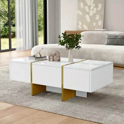 Image de Table basse - Table d'appoint - Table de salon - Table - Table pour salon - Finition blanche brillante avec accents dorés - 4 tiroirs