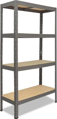 A gray metal shelving unit with four wooden shelves against a white background.