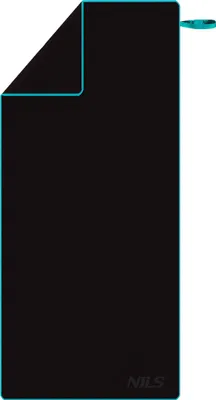 A black microfiber towel with a turquoise border and a hanging loop.