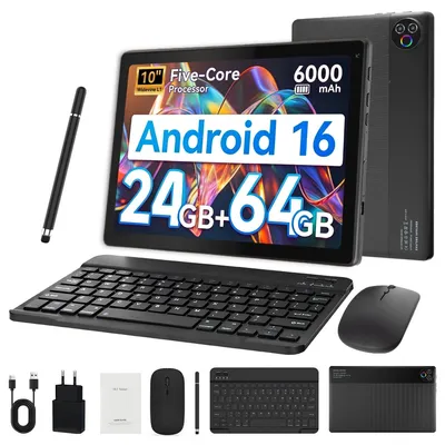 Image de Tablette JENBIZZ 10 pouces, avec clavier, souris et stylet, Android 16, 24 Go (3 Go + 21 Go) de RAM, 64 Go de stockage interne (extensible jusqu'à 1 To), Widevine L1, batterie 6000 mAh, WiFi 6, Bluetooth 5.4, couleur noire