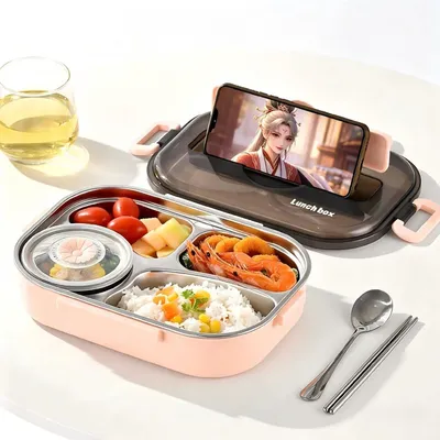 Image de Boîte à repas Bento, 1,3 L, 4 compartiments, pour le déjeuner, rose