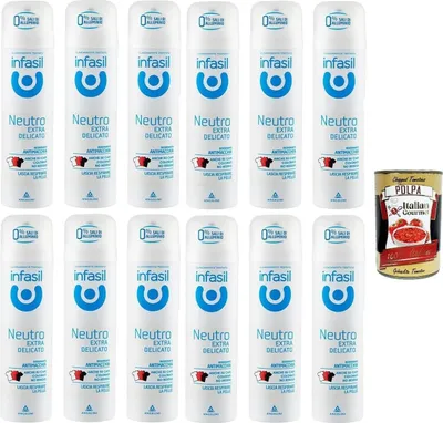 Produktbild von Infasil Deodorant-Spray, neutral, extra sanft, fleckenabweisende Formel ohne Aluminiumsalze, wirksam bis zu 24 Stunden, 12x 150 ml + Italian Gourmet polpa 400g