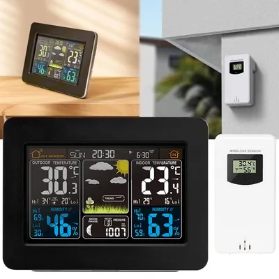 Produktbild von Funk-Wetterstation mit Farbdisplay, DCF-Uhr, Sensor, Thermometer, Barometer, Hygrometer, Mondphase. Präzise Wetterdaten & Wecker für Zuhause