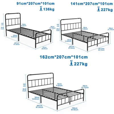 Image de Structure de lit en métal - Lit plateforme - Cadre en acier robuste - Tête de lit - Espace de rangement sous le lit - Dimensions : 160 x 200 cm - À assembler soi-même