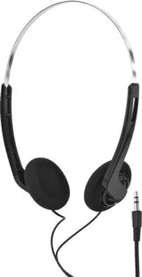 A pair of black stereo headphones with a silver headband and a black audio jack.