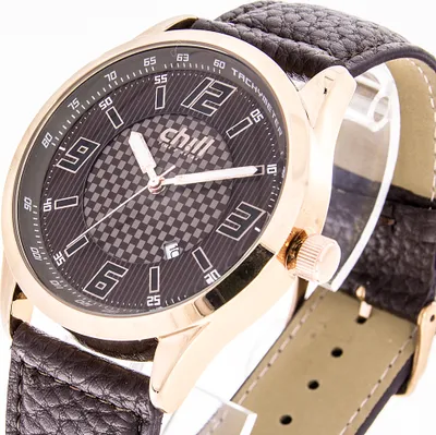 Produktbild von Herrenuhr CH1529 44,5mm Roségold Braun Lederarmband Datumsanzeige Leuchtzeiger 5ATM wasserdicht