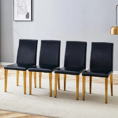 Produktbild von 4er-Set Esszimmerstühle, schwarzes Kunstleder, goldene Metallbeine, minimalistisch, 90 cm