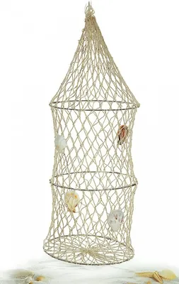 A decorative fishing net with shells hanging from it, isolated on a white background.