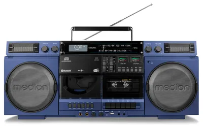 Immagine prodotto di Registratore a cassette MEDION P66538 (ghetto blaster retrò con lettore CD, anni '80, grande, USB, SD, CD, cassetta MC, antenna telescopica radio DAB+, Bluetooth, piastra per cassette, funzione di registrazione, funzionamento a batteria)