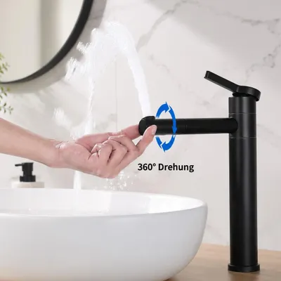Zdjęcie produktu dla Czarny kran łazienkowy, obrotowy 360°, bateria umywalkowa, jednouchwytowa z 2 wężami, bateria jednouchwytowa