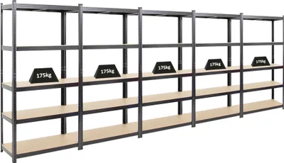 Produktbild von Mega Deal | 5x Schwerlastregal Ragnar | HxBxT 180x90x40cm | 5 MDF-Platten-Ebenen | Fachlast 175kg | Schwarz