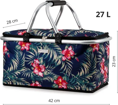A floral printed picnic basket with dimensions shown.