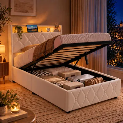 Immagine prodotto di Letto imbottito INONEFT, 90x200 cm, con LED e USB, letto per ragazzi con spazio contenitore a sollevamento idraulico, struttura letto singola con contenitore e rete a doghe, in velluto, color beige