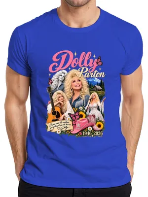 Zdjęcie produktu dla Dolly Parton, ikona country, piosenkarka, 1946-2026, koszulka męska "Rainbow Nashville", kolor niebieski, rozmiar S