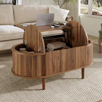 Produktbild von MODFU Couchtisch multifunktionaler Verstellbarer Beistelltisch Wohnzimmertisch mit Stauraum Vintage-Stil Ovaler Kaffeetisch Beine aus Massivholz für das Wohnzimmer geeignet Nussbaum