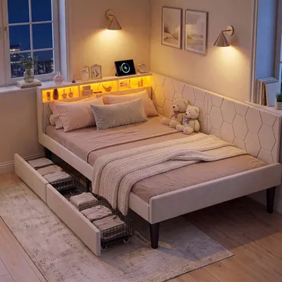 Produktbild von UnboxG Polsterbett 140x200 cm mit Lattenrost, Samtbett mit 2 Schubladen, LED-Beleuchtung, USB & Typ-C Ladeanschluss, 2-in-1 Tagesbett, Beige