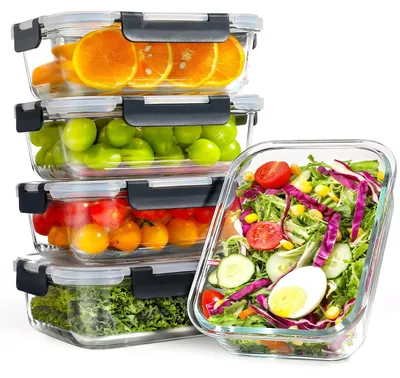 Productafbeelding van YASHE set van 5 glazen containers met deksel, 1040 ml, stapelbaar en luchtdicht, geschikt voor maaltijdvoorbereiding